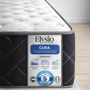 Elysio Mattress Cura with branding and features on a wooden floor.